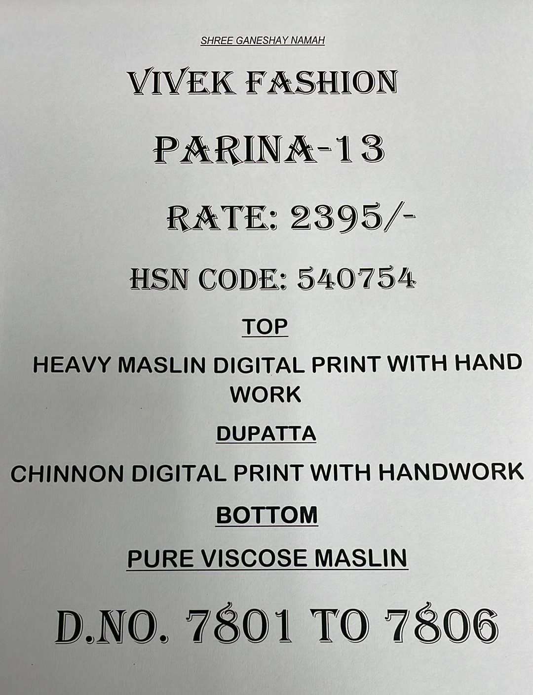 PARINA VOL-13 BY VIVEK FASHION 7801 TO 7806 SERIES BEAUTIFUL SUITS COLORFUL STYLISH FANCY CASUAL WEAR & ETHNIC WEAR HEAVY MUSLIN DIGITAL PRINT DRESSES AT WHOLESALE PRICE