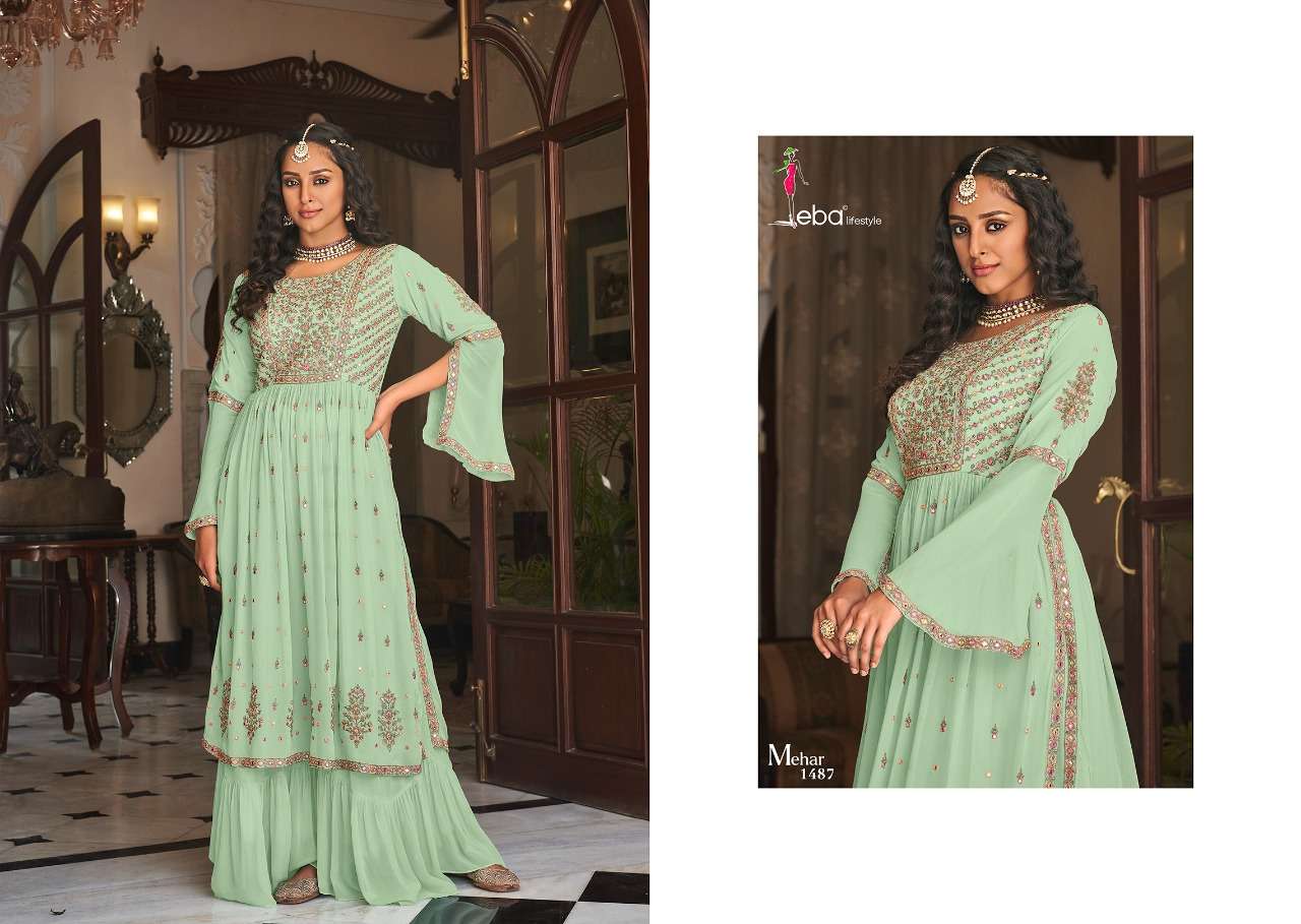 MEHAR VOL-2 BY EBA LIFESTYLE 1487 TO 1490 SERIES BEAUTIFUL SHARARA SUITS COLORFUL STYLISH FANCY CASUAL WEAR & ETHNIC WEAR FAUX GEORGETTE EMBROIDERED DRESSES AT WHOLESALE PRICE