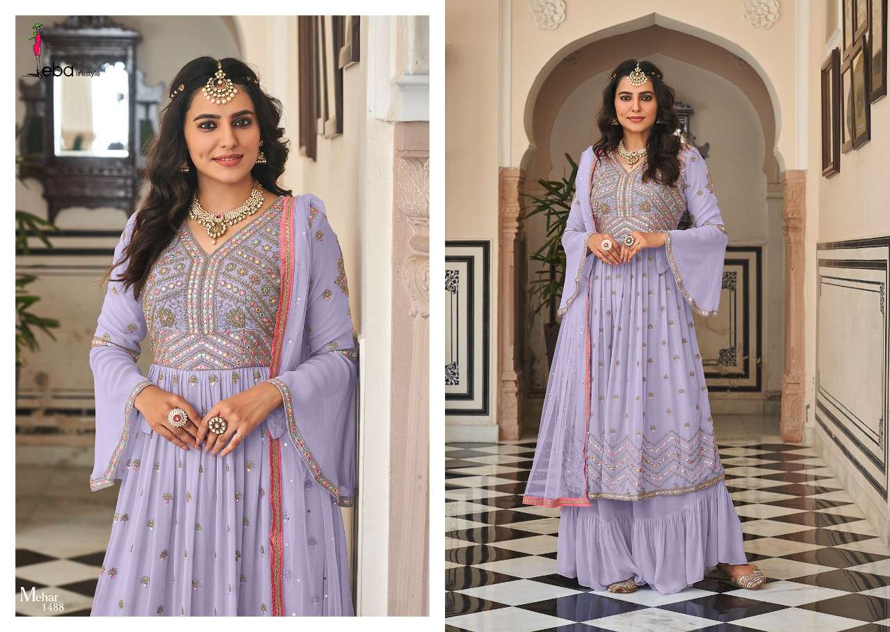 MEHAR VOL-2 BY EBA LIFESTYLE 1487 TO 1490 SERIES BEAUTIFUL SHARARA SUITS COLORFUL STYLISH FANCY CASUAL WEAR & ETHNIC WEAR FAUX GEORGETTE EMBROIDERED DRESSES AT WHOLESALE PRICE
