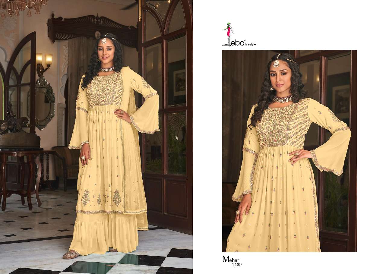 MEHAR VOL-2 BY EBA LIFESTYLE 1487 TO 1490 SERIES BEAUTIFUL SHARARA SUITS COLORFUL STYLISH FANCY CASUAL WEAR & ETHNIC WEAR FAUX GEORGETTE EMBROIDERED DRESSES AT WHOLESALE PRICE