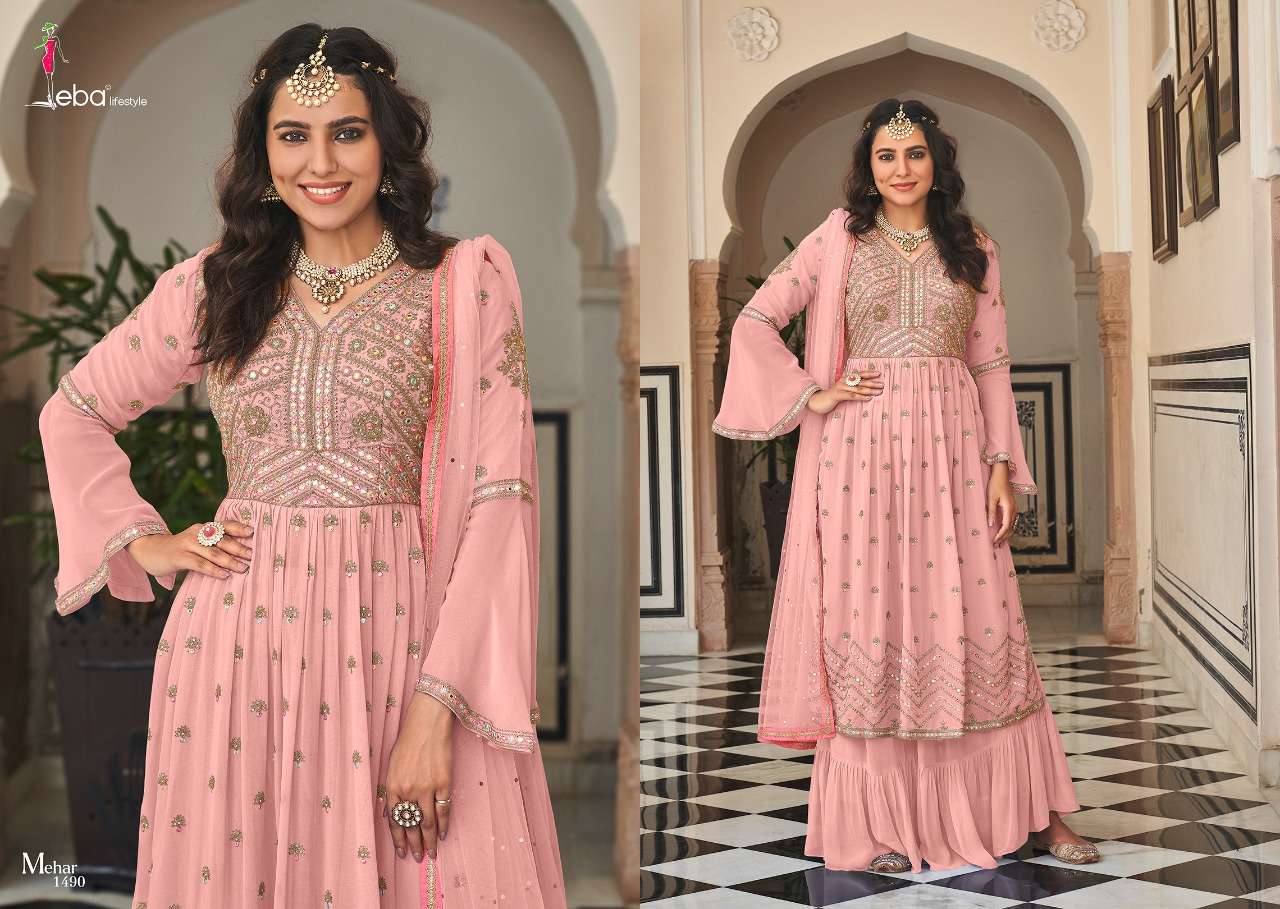 MEHAR VOL-2 BY EBA LIFESTYLE 1487 TO 1490 SERIES BEAUTIFUL SHARARA SUITS COLORFUL STYLISH FANCY CASUAL WEAR & ETHNIC WEAR FAUX GEORGETTE EMBROIDERED DRESSES AT WHOLESALE PRICE