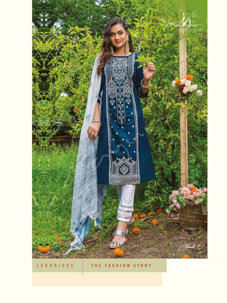 ADAAH BY MAYUR 101 TO 108 SERIES BEAUTIFUL SUITS COLORFUL STYLISH FANCY CASUAL WEAR & ETHNIC WEAR CHINNON DRESSES AT WHOLESALE PRICE