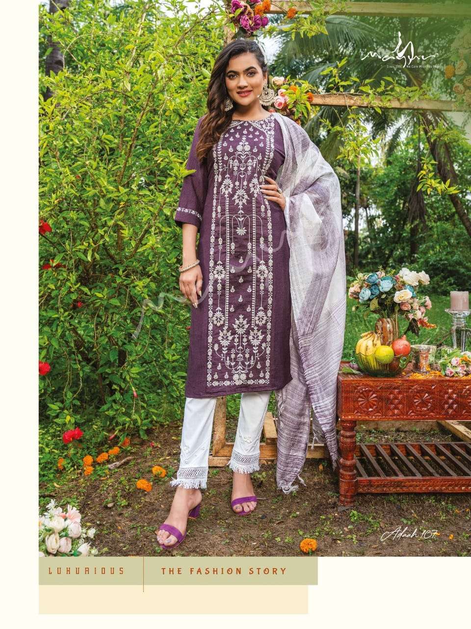 ADAAH BY MAYUR 101 TO 108 SERIES BEAUTIFUL SUITS COLORFUL STYLISH FANCY CASUAL WEAR & ETHNIC WEAR CHINNON DRESSES AT WHOLESALE PRICE