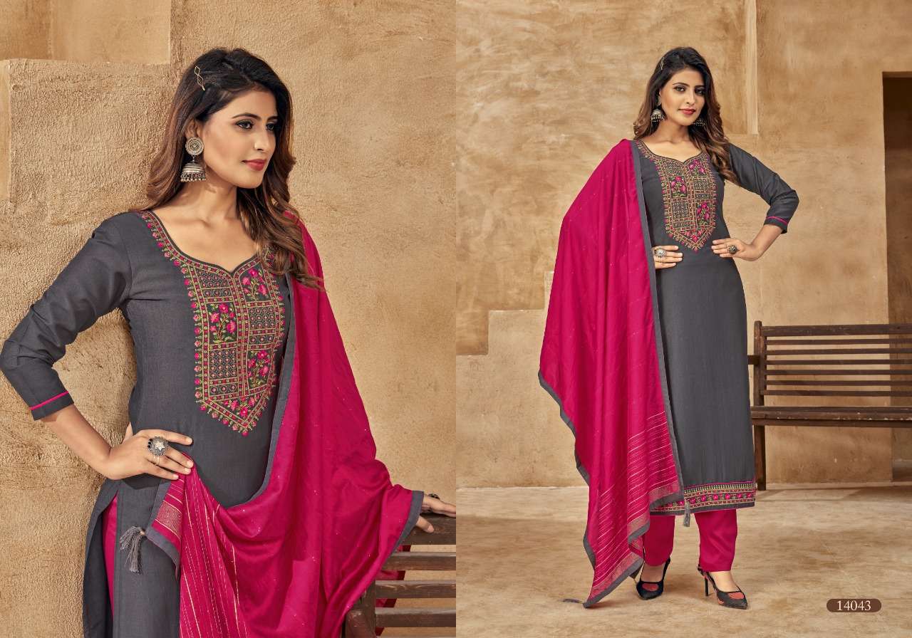 ONE PLUS BY PANCH RATNA 14041 TO 14045 SERIES BEAUTIFUL SUITS COLORFUL STYLISH FANCY CASUAL WEAR & ETHNIC WEAR PARAMPARA SILK DRESSES AT WHOLESALE PRICE