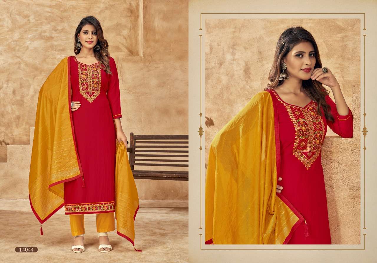 ONE PLUS BY PANCH RATNA 14041 TO 14045 SERIES BEAUTIFUL SUITS COLORFUL STYLISH FANCY CASUAL WEAR & ETHNIC WEAR PARAMPARA SILK DRESSES AT WHOLESALE PRICE