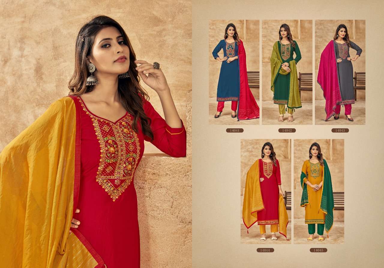 ONE PLUS BY PANCH RATNA 14041 TO 14045 SERIES BEAUTIFUL SUITS COLORFUL STYLISH FANCY CASUAL WEAR & ETHNIC WEAR PARAMPARA SILK DRESSES AT WHOLESALE PRICE
