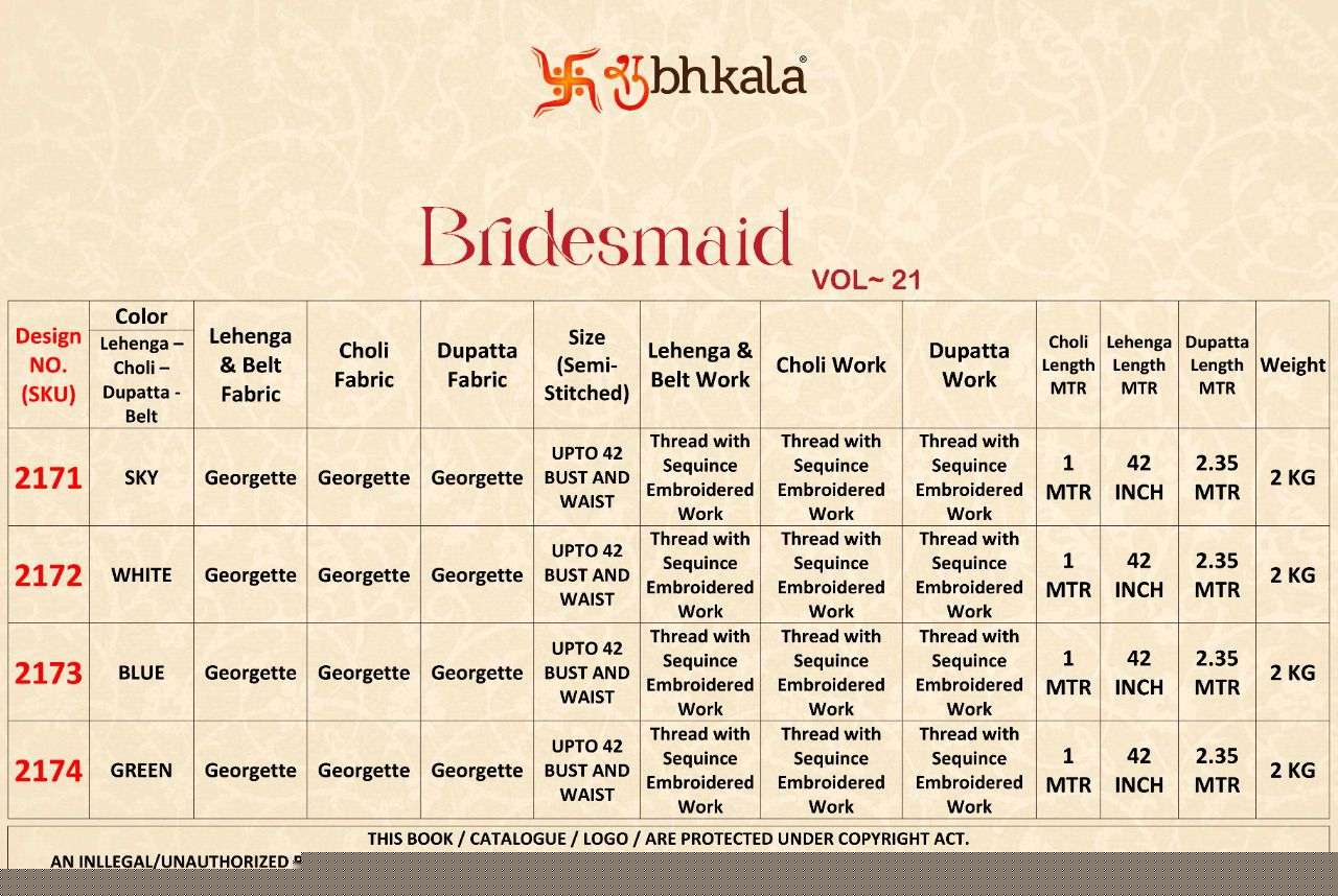 Bridesmaid Vol-21 By Shubhkala 2171 To 2174 Series Bridal Wear Collection Beautiful Stylish Colorful Fancy Party Wear & Occasional Wear Georgette Lehengas At Wholesale Price