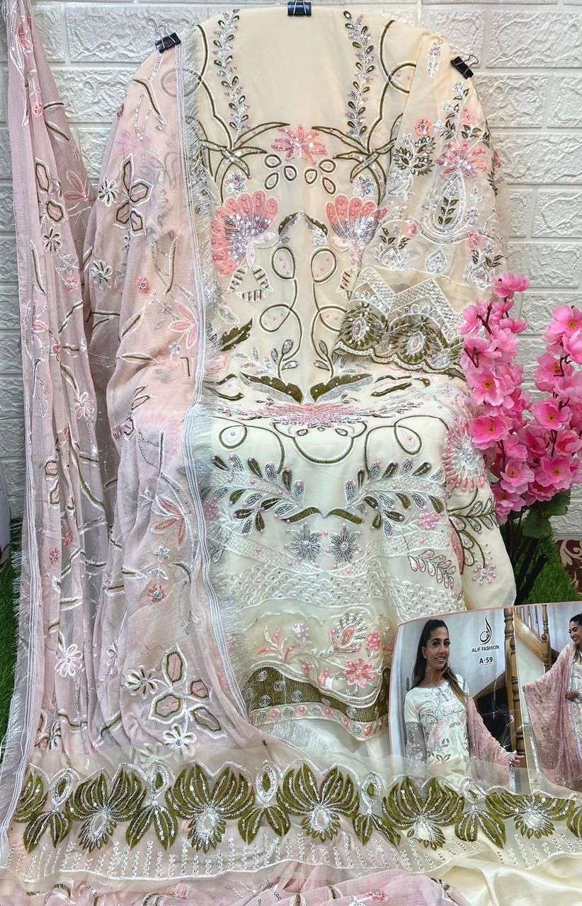 ALIF HIT DESIGN A-59 BY ALIF FASHION BEAUTIFUL PAKISTANI SUITS STYLISH COLORFUL FANCY CASUAL WEAR & ETHNIC WEAR FAUX GEORGETTE EMBROIDERED DRESSES AT WHOLESALE PRICE