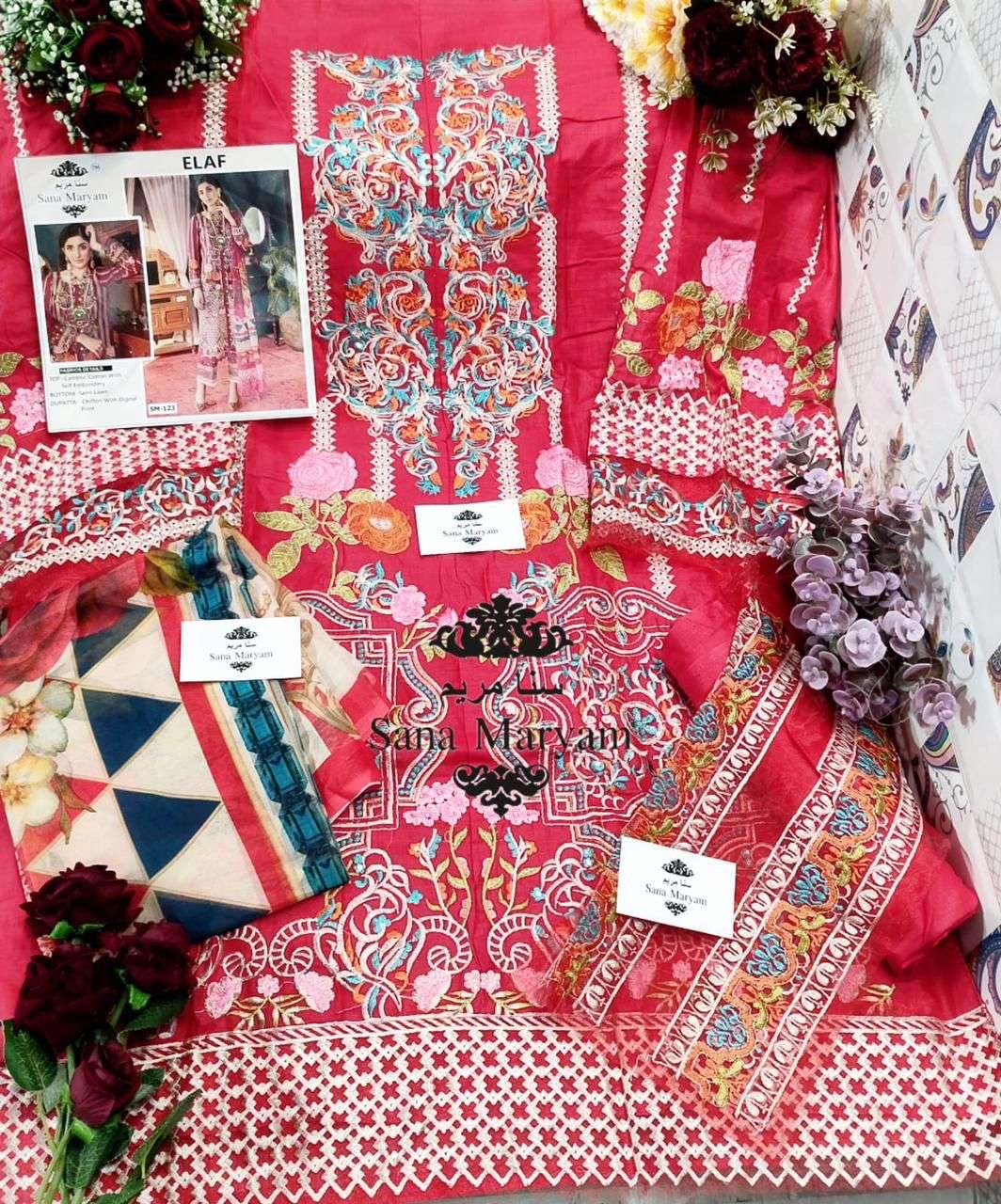 SM-123 BY SANA MARYAM DESIGNER PAKISTANI SUITS COLLECTION BEAUTIFUL STYLISH COLORFUL FANCY PARTY WEAR & OCCASIONAL WEAR CAMBRIC COTTON DRESSES AT WHOLESALE PRICE