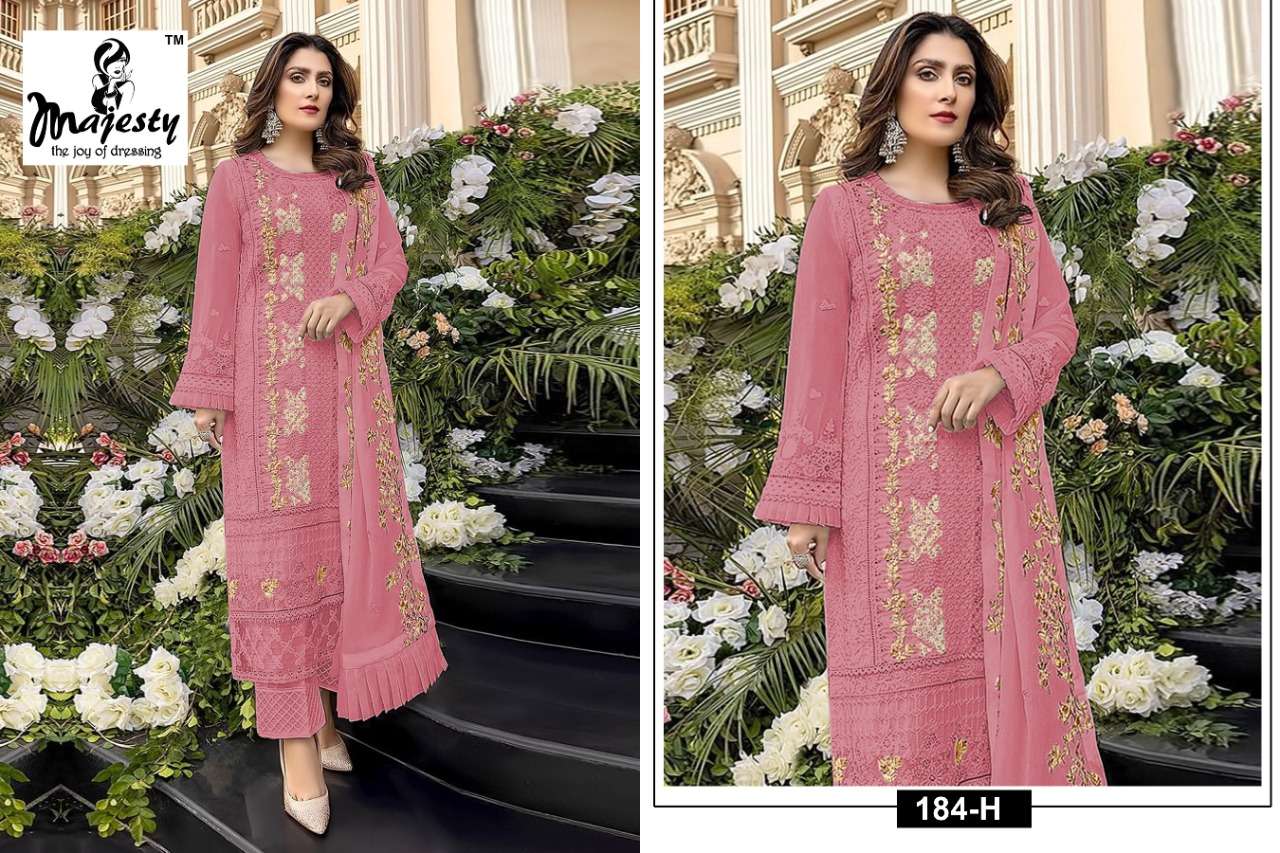 SATRANGI HIT BY MAJESTY 184-E TO 184-H SERIES PAKISTANI SUITS BEAUTIFUL FANCY COLORFUL STYLISH PARTY WEAR & OCCASIONAL WEAR FAUX GEORGETTE WITH EMBROIDERY DRESSES AT WHOLESALE PRICE