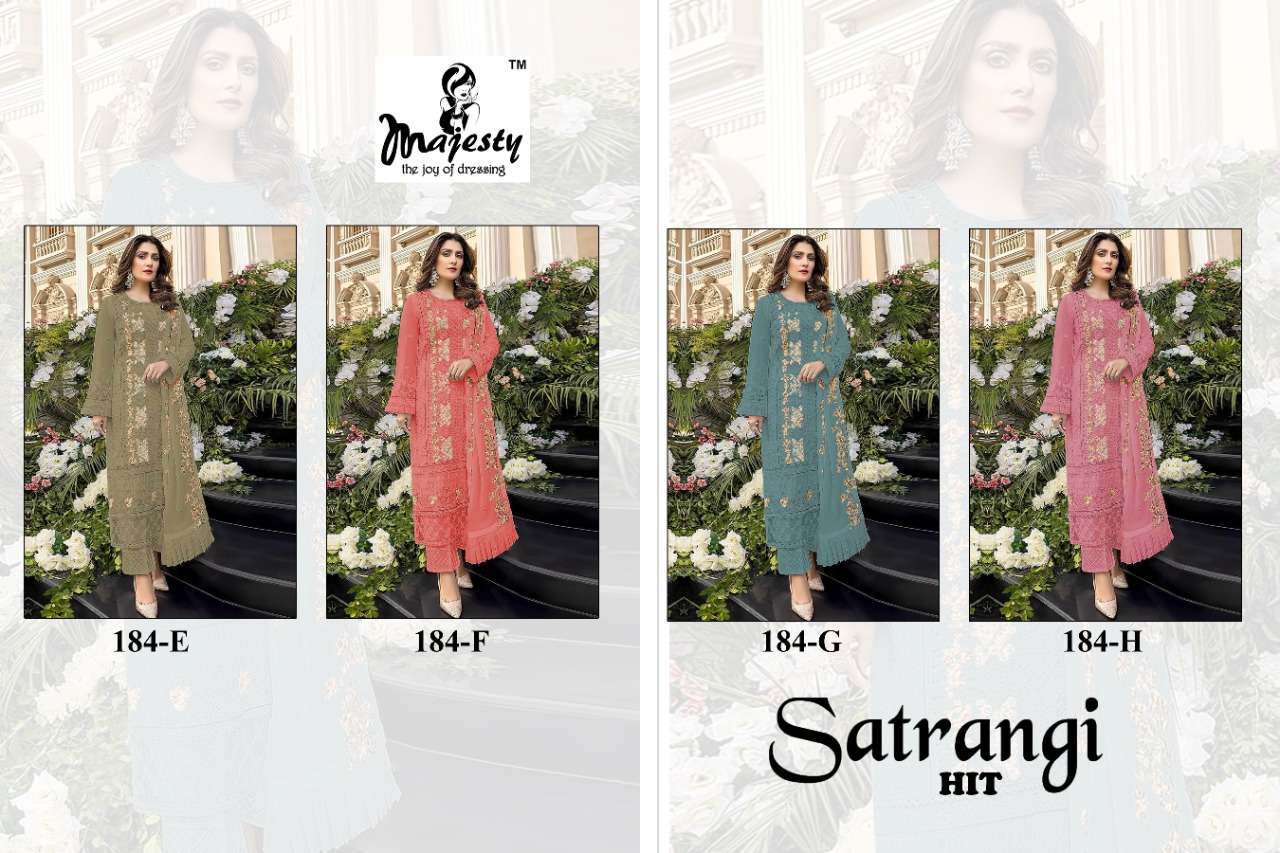 SATRANGI HIT BY MAJESTY 184-E TO 184-H SERIES PAKISTANI SUITS BEAUTIFUL FANCY COLORFUL STYLISH PARTY WEAR & OCCASIONAL WEAR FAUX GEORGETTE WITH EMBROIDERY DRESSES AT WHOLESALE PRICE