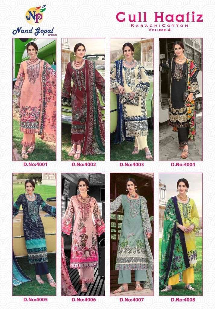 Gull Haafiz Vol-4 By Nand Gopal Print 4001 To 4008 Series Beautiful Suits Colorful Stylish Fancy Casual Wear & Ethnic Wear Cotton Print Dresses At Wholesale Price