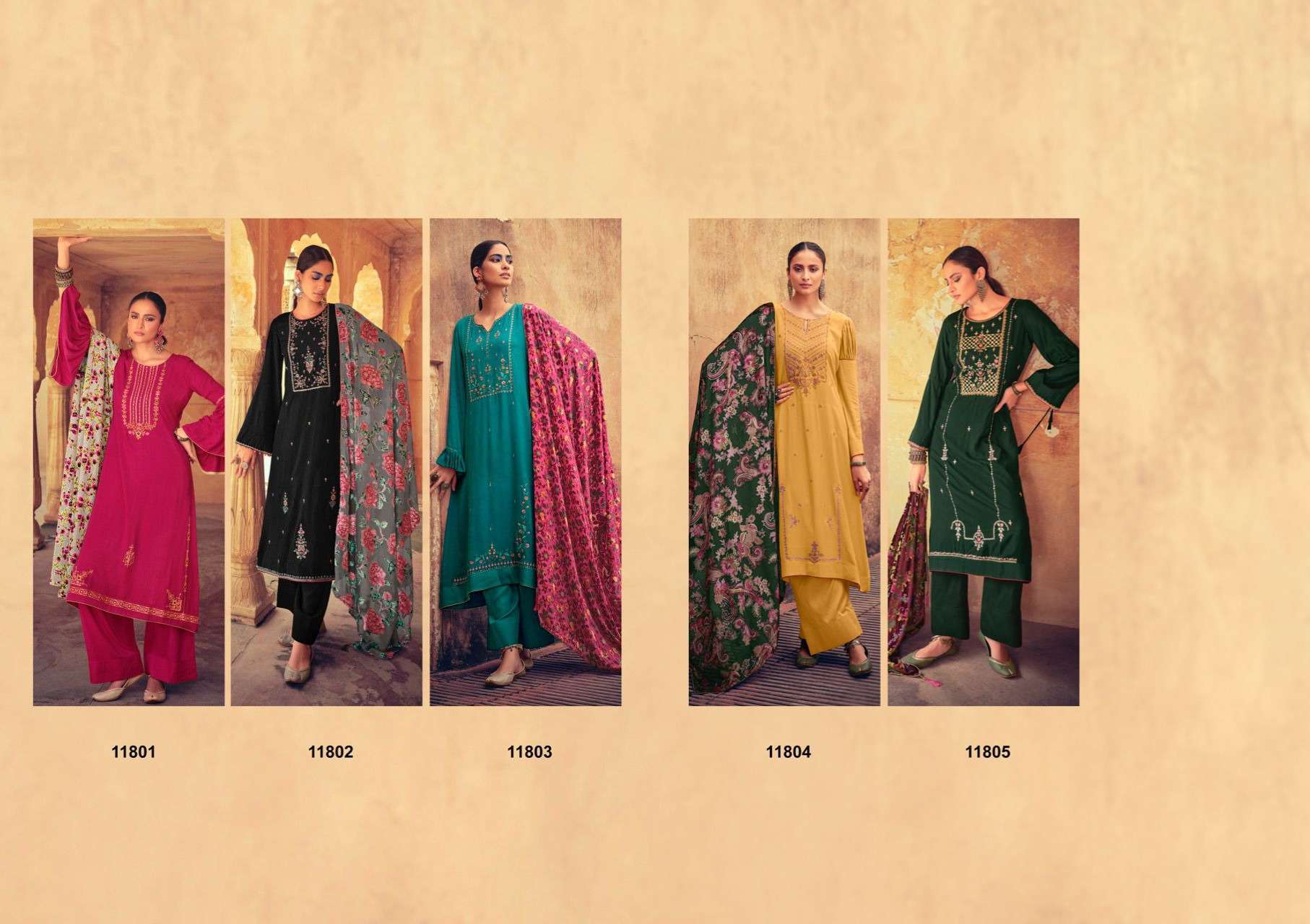 SURAHI BY DEEPSY SUITS 11801 TO 11805 SERIES PAKISTANI STYLISH BEAUTIFUL COLOURFUL PRINTED & EMBROIDERED PARTY WEAR & OCCASIONAL WEAR VISCOSE PASHMINA DRESSES AT WHOLESALE PRICE
