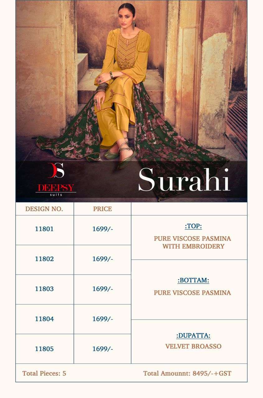 SURAHI BY DEEPSY SUITS 11801 TO 11805 SERIES PAKISTANI STYLISH BEAUTIFUL COLOURFUL PRINTED & EMBROIDERED PARTY WEAR & OCCASIONAL WEAR VISCOSE PASHMINA DRESSES AT WHOLESALE PRICE