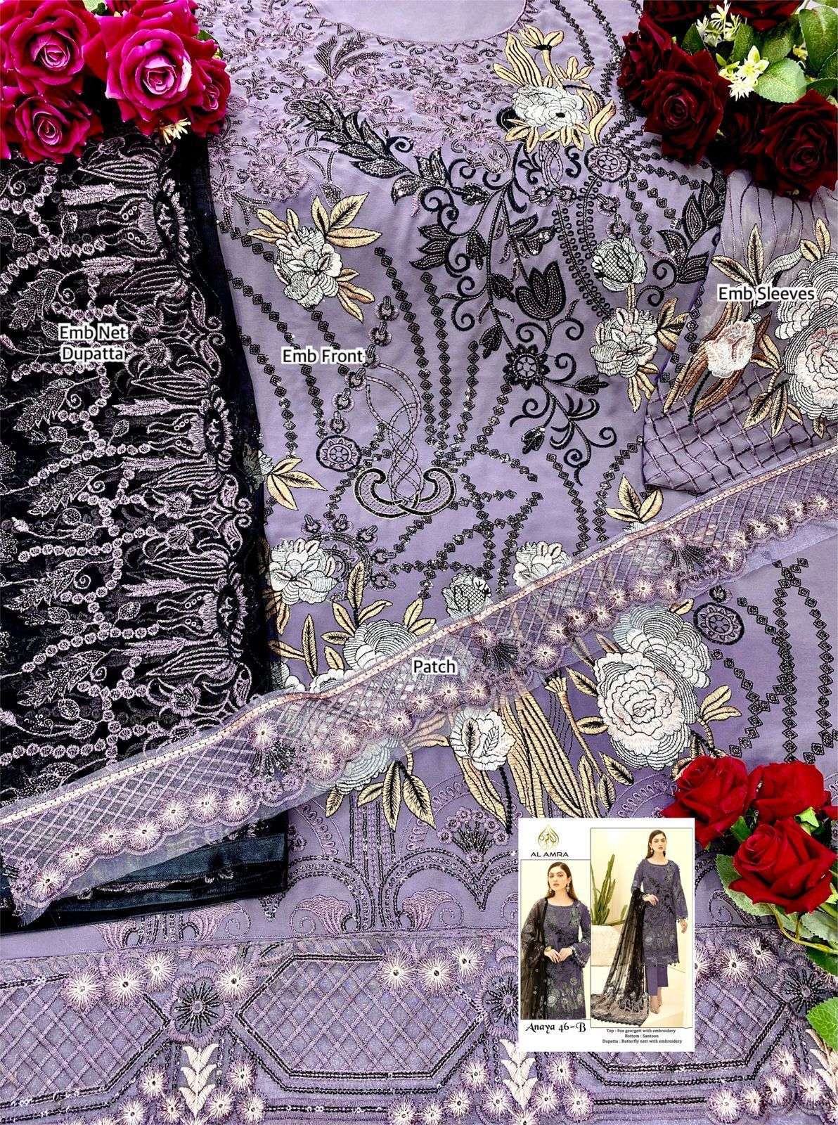 ANAYA 46-B BY AL AMRA PAKISTANI SUITS BEAUTIFUL FANCY COLORFUL STYLISH PARTY WEAR & OCCASIONAL WEAR FAUX GEORGETTE EMBROIDERY DRESSES AT WHOLESALE PRICE