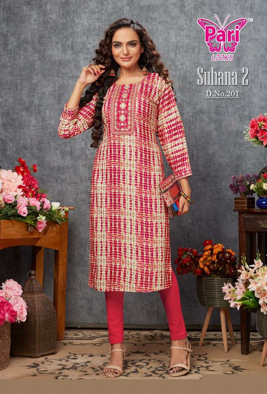 SUHANA VOL-2 BY PARI 201 TO 208 SERIES BEAUTIFUL STYLISH FANCY COLORFUL CASUAL WEAR & ETHNIC WEAR RAYON FOIL KURTIS AT WHOLESALE PRICE