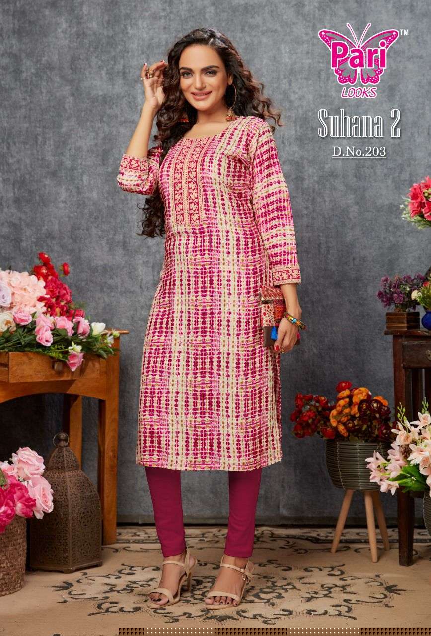 SUHANA VOL-2 BY PARI 201 TO 208 SERIES BEAUTIFUL STYLISH FANCY COLORFUL CASUAL WEAR & ETHNIC WEAR RAYON FOIL KURTIS AT WHOLESALE PRICE