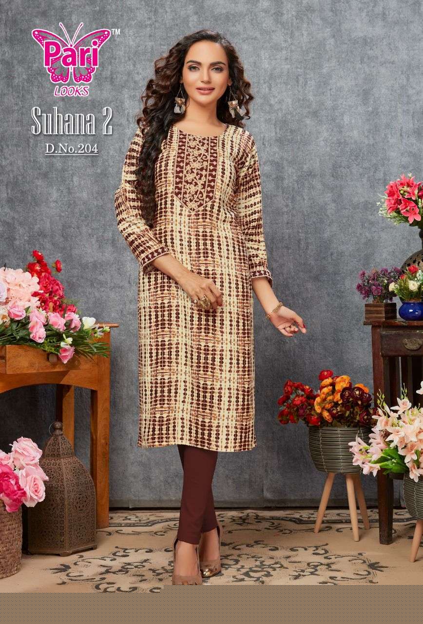 SUHANA VOL-2 BY PARI 201 TO 208 SERIES BEAUTIFUL STYLISH FANCY COLORFUL CASUAL WEAR & ETHNIC WEAR RAYON FOIL KURTIS AT WHOLESALE PRICE