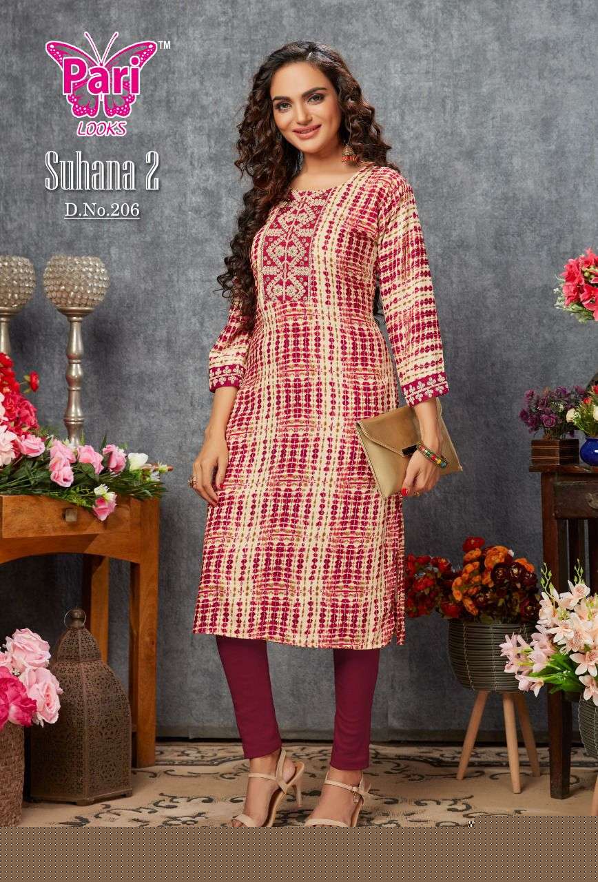 SUHANA VOL-2 BY PARI 201 TO 208 SERIES BEAUTIFUL STYLISH FANCY COLORFUL CASUAL WEAR & ETHNIC WEAR RAYON FOIL KURTIS AT WHOLESALE PRICE
