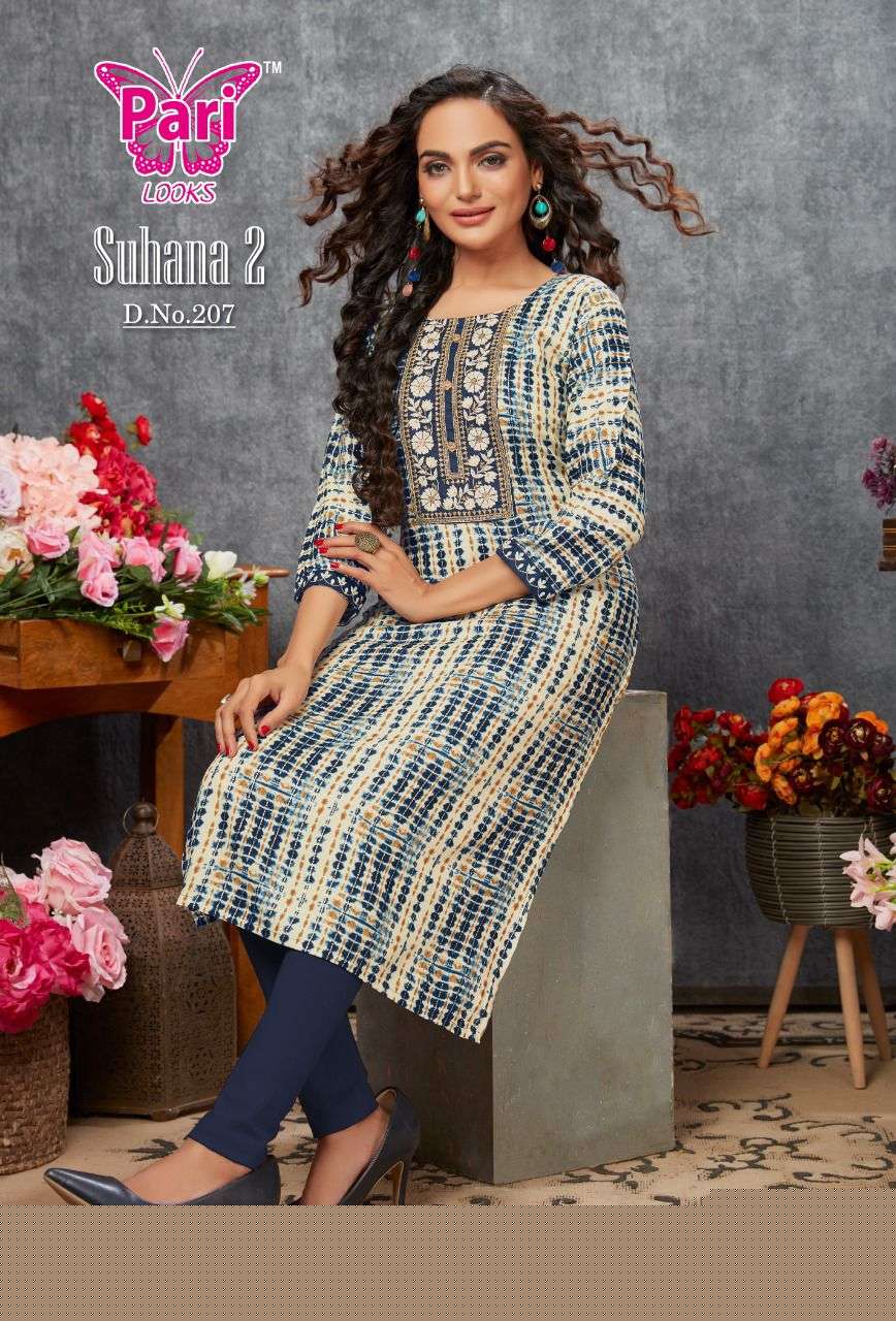 SUHANA VOL-2 BY PARI 201 TO 208 SERIES BEAUTIFUL STYLISH FANCY COLORFUL CASUAL WEAR & ETHNIC WEAR RAYON FOIL KURTIS AT WHOLESALE PRICE