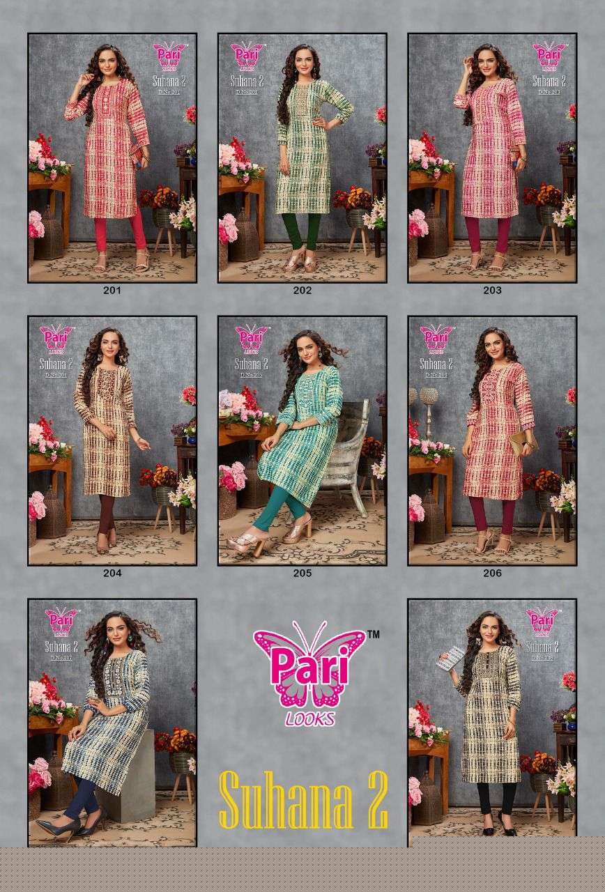 SUHANA VOL-2 BY PARI 201 TO 208 SERIES BEAUTIFUL STYLISH FANCY COLORFUL CASUAL WEAR & ETHNIC WEAR RAYON FOIL KURTIS AT WHOLESALE PRICE