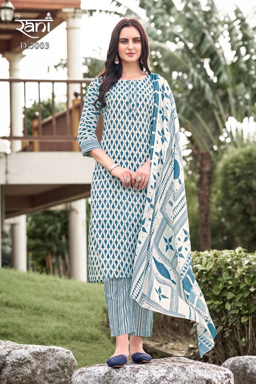 KASHVI VOL-5 BY RANI FASHION 5001 TO 5006 SERIES SUITS BEAUTIFUL FANCY COLORFUL STYLISH PARTY WEAR & OCCASIONAL WEAR COTTON PRINT DRESSES AT WHOLESALE PRICE