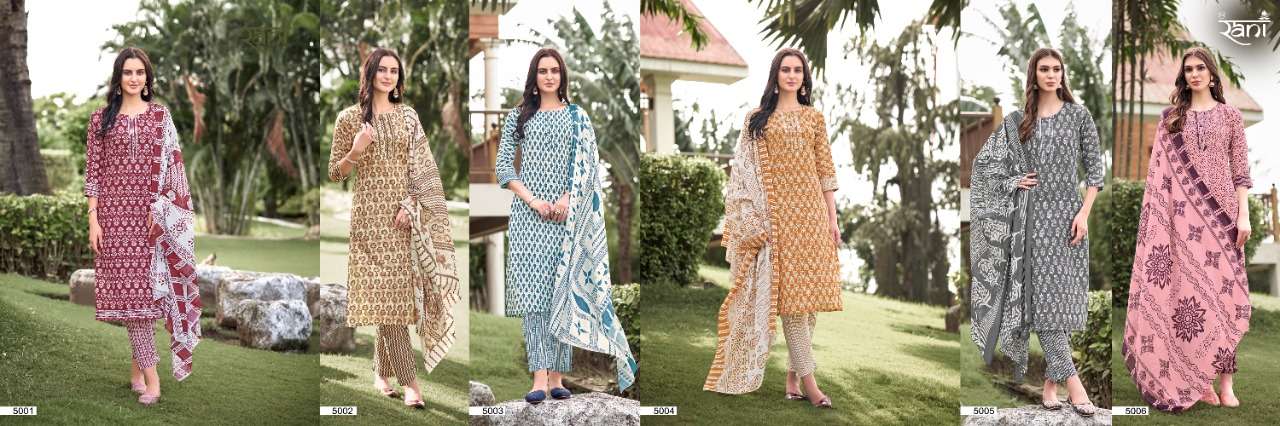 KASHVI VOL-5 BY RANI FASHION 5001 TO 5006 SERIES SUITS BEAUTIFUL FANCY COLORFUL STYLISH PARTY WEAR & OCCASIONAL WEAR COTTON PRINT DRESSES AT WHOLESALE PRICE