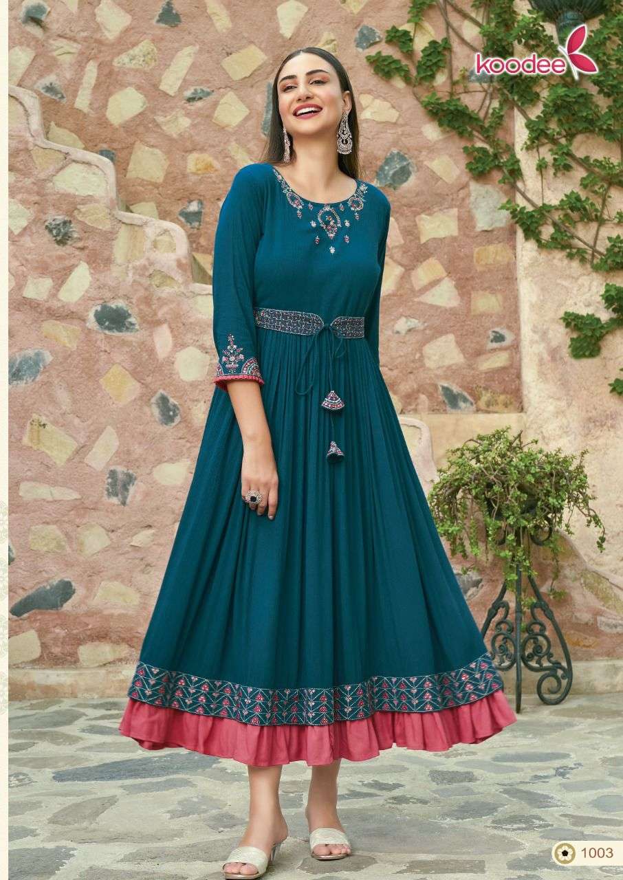 ROSHANI BY KOODEE 1001 TO 1004 SERIES DESIGNER STYLISH FANCY COLORFUL BEAUTIFUL PARTY WEAR & ETHNIC WEAR COLLECTION RAYON KURTIS AT WHOLESALE PRICE