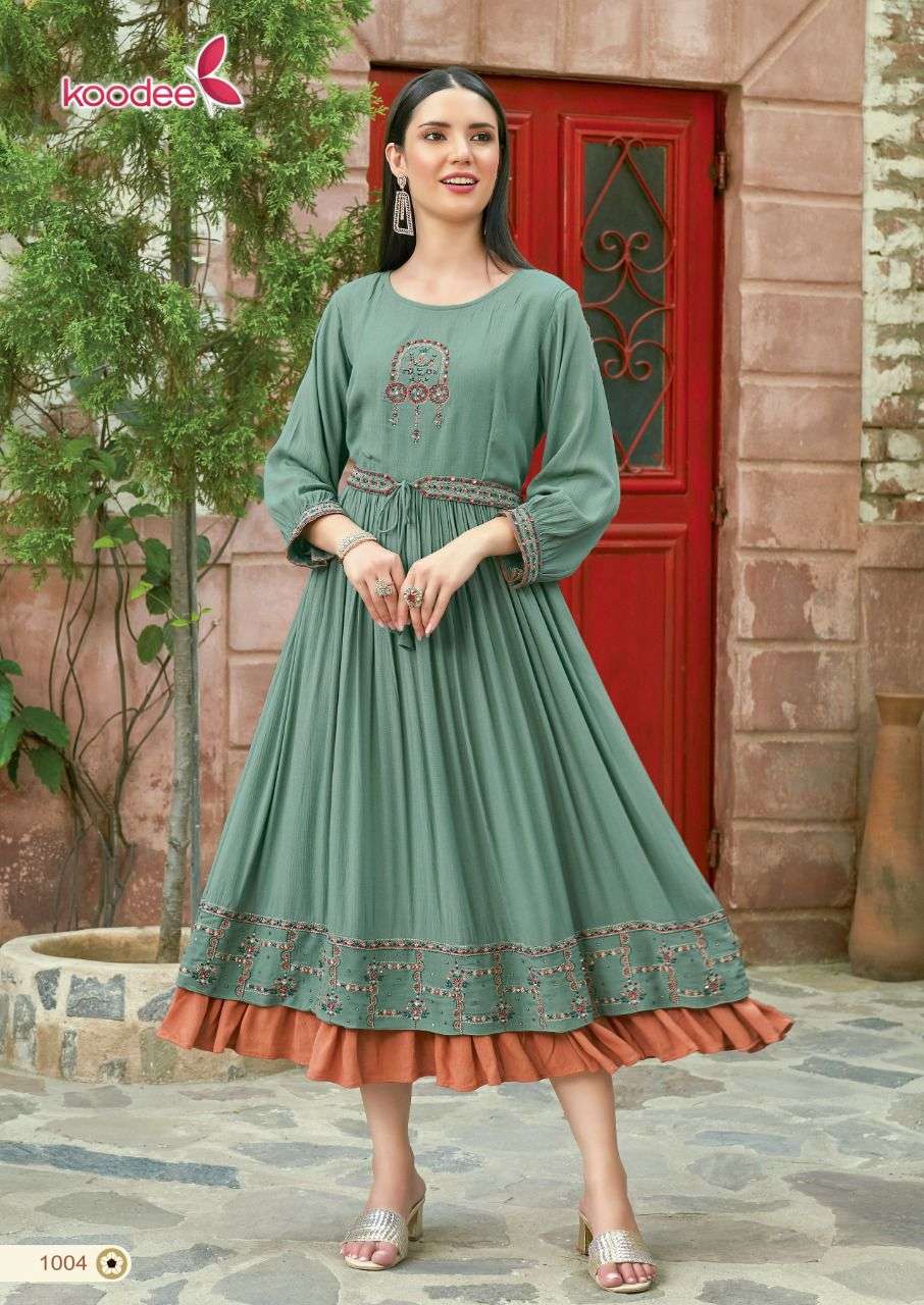 ROSHANI BY KOODEE 1001 TO 1004 SERIES DESIGNER STYLISH FANCY COLORFUL BEAUTIFUL PARTY WEAR & ETHNIC WEAR COLLECTION RAYON KURTIS AT WHOLESALE PRICE