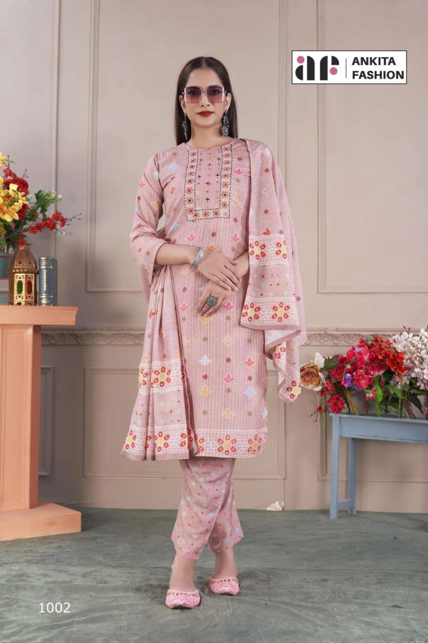 ALISHA VOL-2 BY ANKITA FASHION 1001 TO 1004 SERIES SUITS BEAUTIFUL FANCY COLORFUL STYLISH PARTY WEAR & OCCASIONAL WEAR PURE MUSLIN DRESSES AT WHOLESALE PRICE