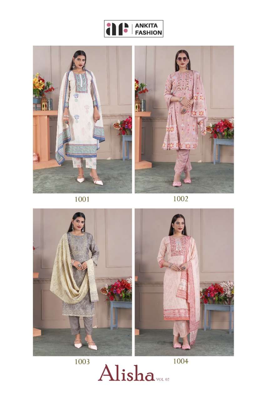 ALISHA VOL-2 BY ANKITA FASHION 1001 TO 1004 SERIES SUITS BEAUTIFUL FANCY COLORFUL STYLISH PARTY WEAR & OCCASIONAL WEAR PURE MUSLIN DRESSES AT WHOLESALE PRICE