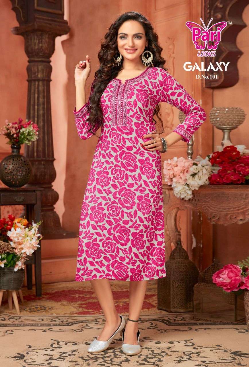 GALAXY BY PARI 101 TO 108 SERIES BEAUTIFUL STYLISH FANCY COLORFUL CASUAL WEAR & ETHNIC WEAR RAYON FOIL KURTIS AT WHOLESALE PRICE