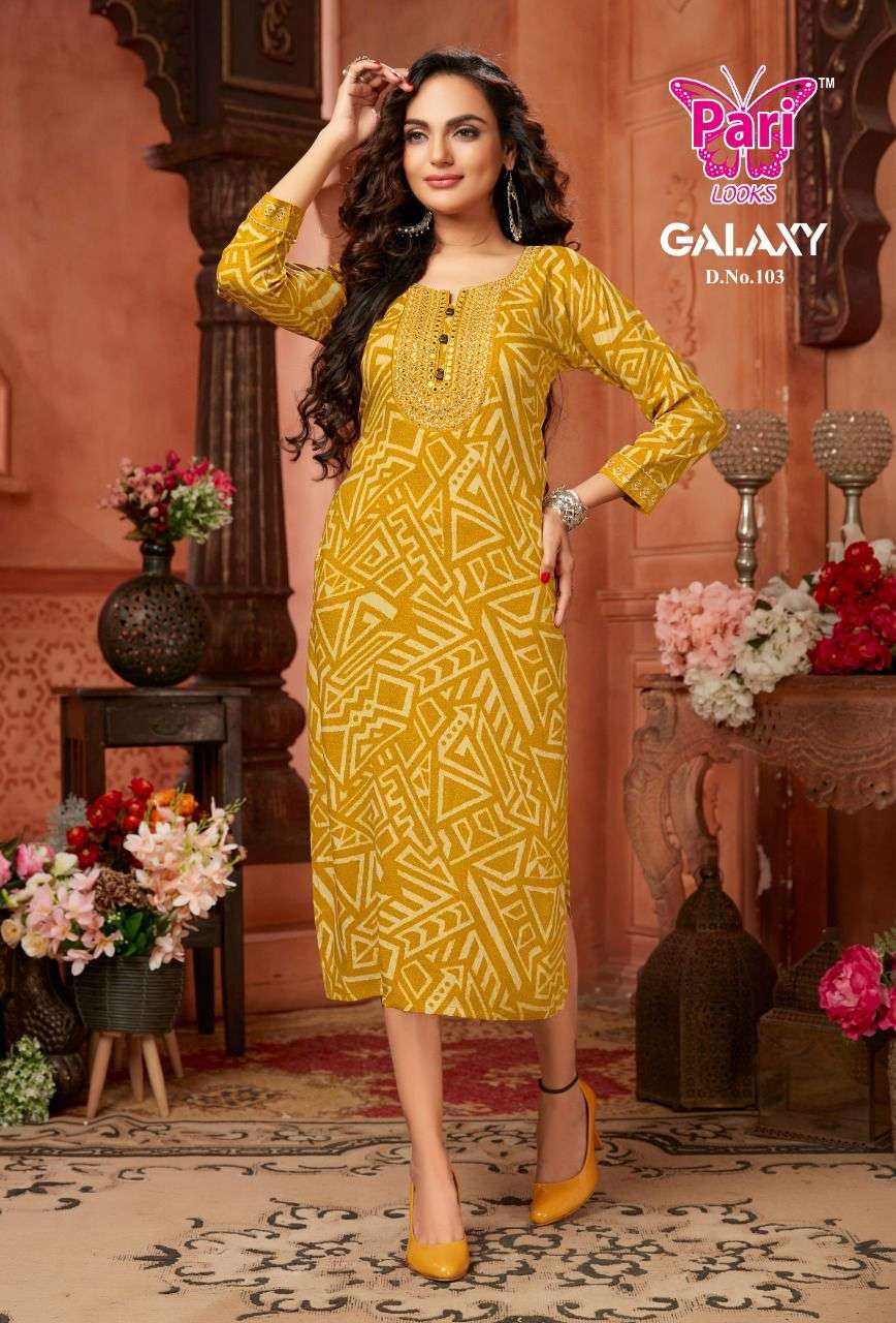 GALAXY BY PARI 101 TO 108 SERIES BEAUTIFUL STYLISH FANCY COLORFUL CASUAL WEAR & ETHNIC WEAR RAYON FOIL KURTIS AT WHOLESALE PRICE