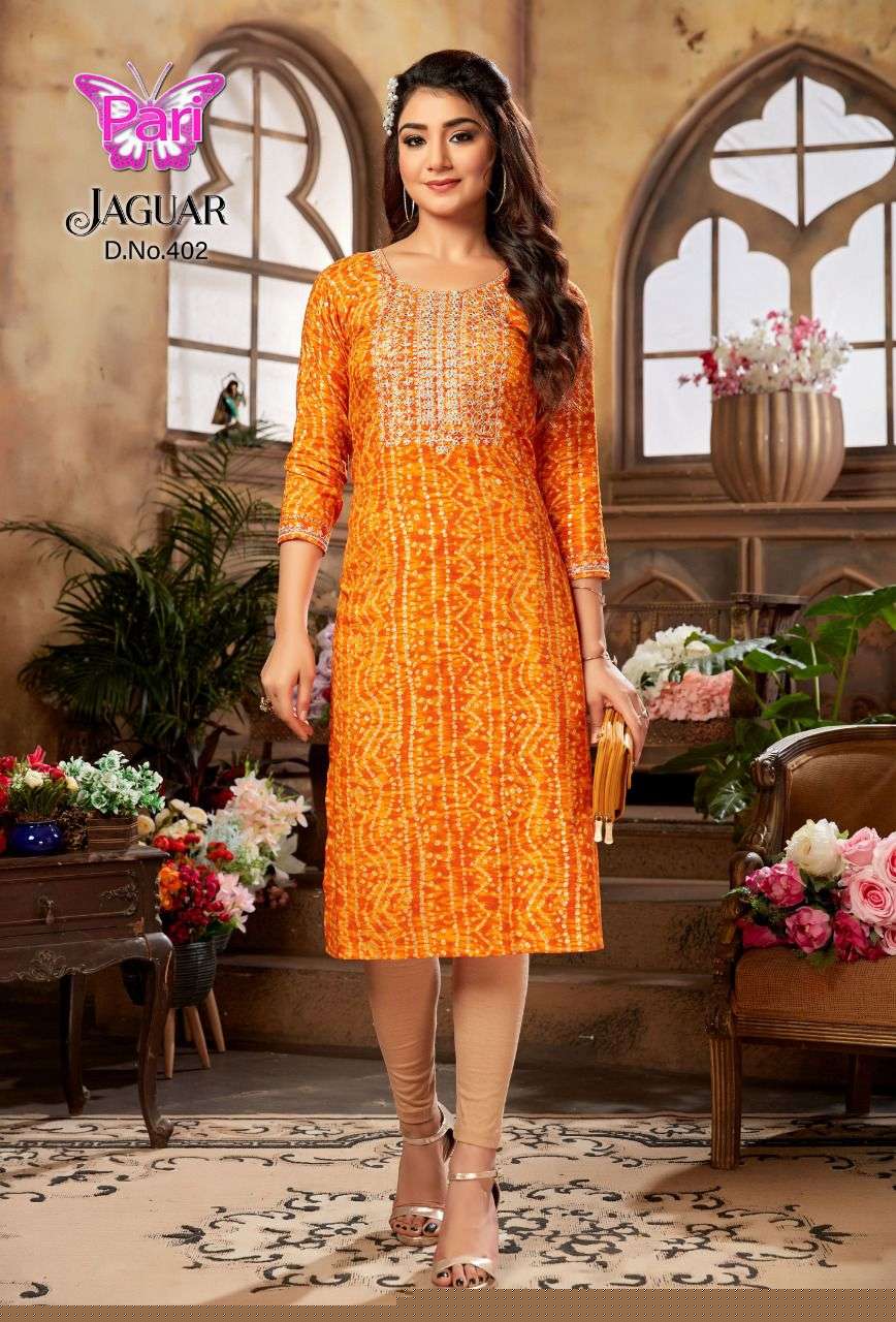 JAGUAR VOL-4 BY PARI 401 TO 408 SERIES BEAUTIFUL STYLISH FANCY COLORFUL CASUAL WEAR & ETHNIC WEAR RAYON FOIL KURTIS AT WHOLESALE PRICE