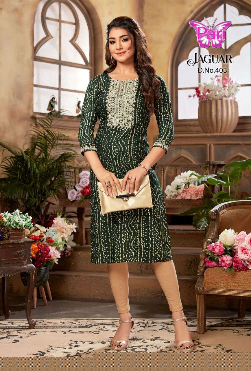 JAGUAR VOL-4 BY PARI 401 TO 408 SERIES BEAUTIFUL STYLISH FANCY COLORFUL CASUAL WEAR & ETHNIC WEAR RAYON FOIL KURTIS AT WHOLESALE PRICE