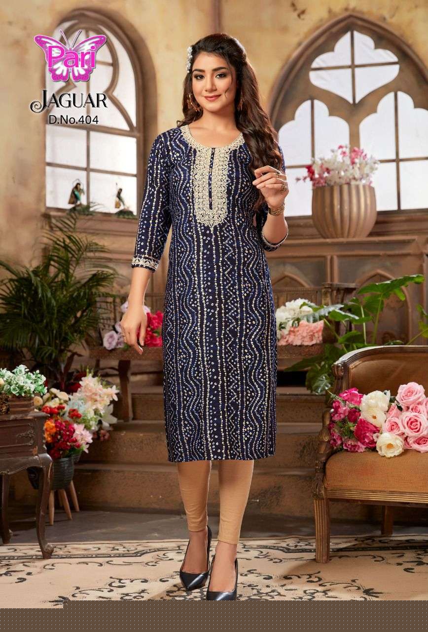 JAGUAR VOL-4 BY PARI 401 TO 408 SERIES BEAUTIFUL STYLISH FANCY COLORFUL CASUAL WEAR & ETHNIC WEAR RAYON FOIL KURTIS AT WHOLESALE PRICE