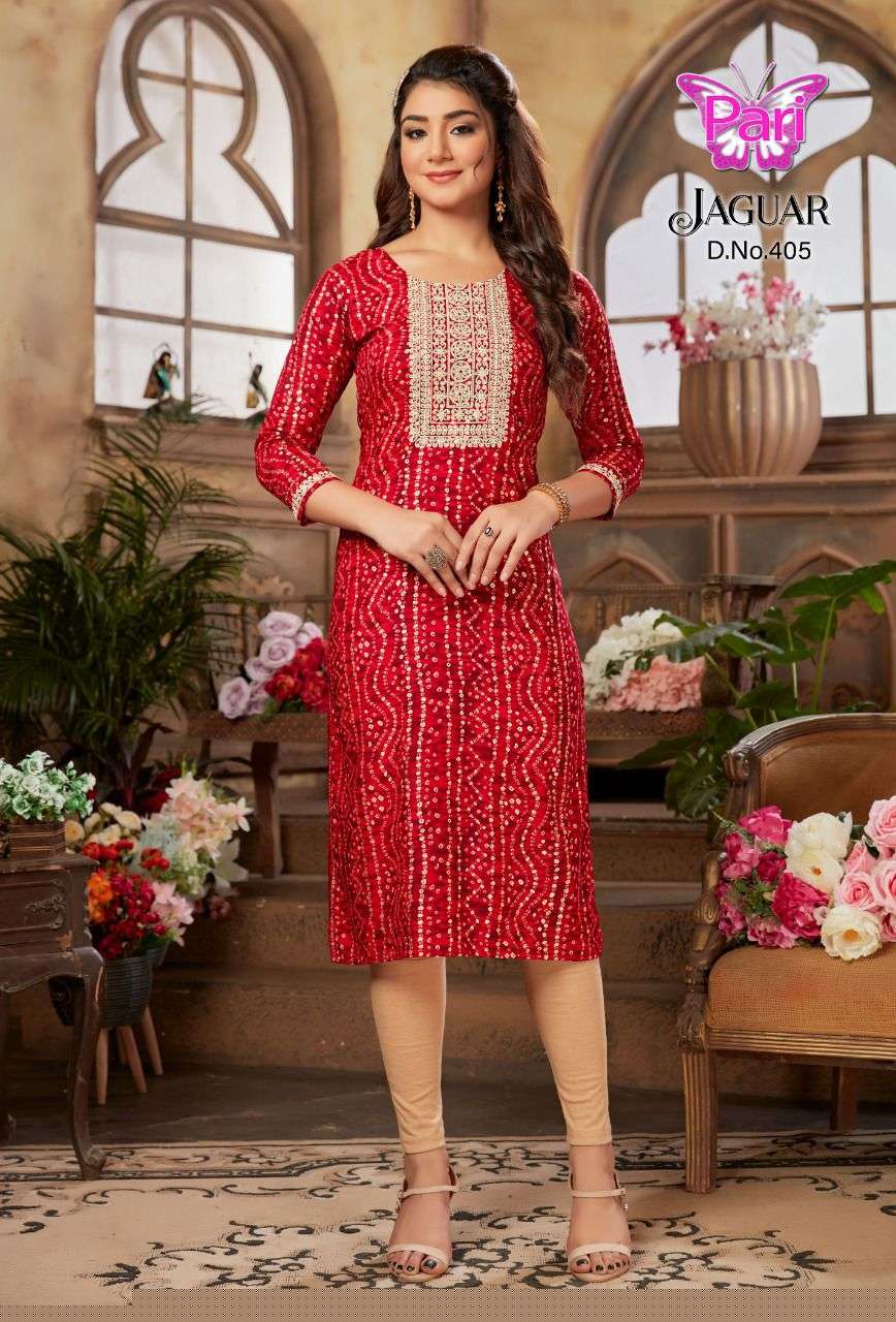JAGUAR VOL-4 BY PARI 401 TO 408 SERIES BEAUTIFUL STYLISH FANCY COLORFUL CASUAL WEAR & ETHNIC WEAR RAYON FOIL KURTIS AT WHOLESALE PRICE