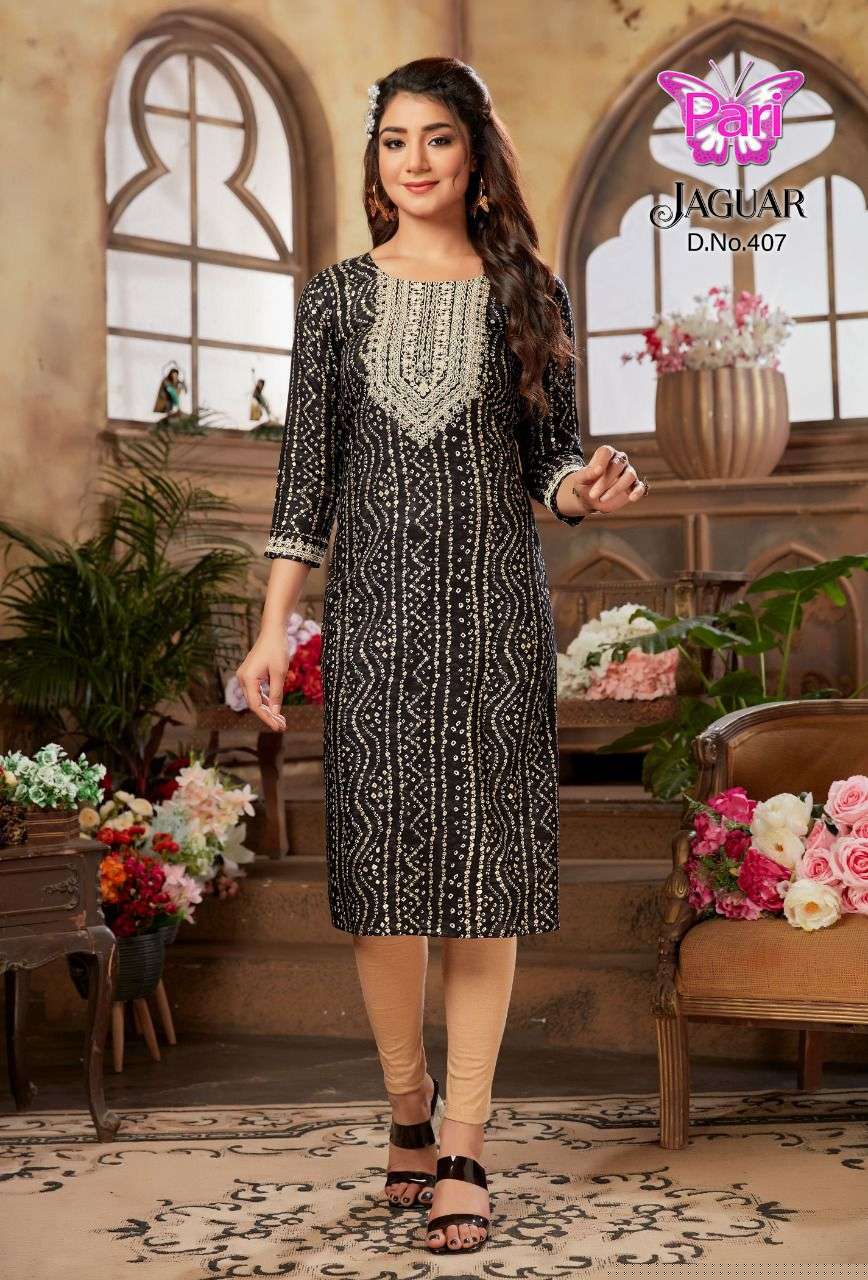 JAGUAR VOL-4 BY PARI 401 TO 408 SERIES BEAUTIFUL STYLISH FANCY COLORFUL CASUAL WEAR & ETHNIC WEAR RAYON FOIL KURTIS AT WHOLESALE PRICE