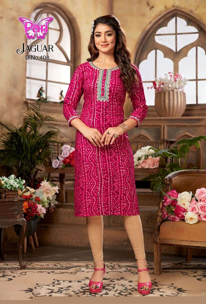 JAGUAR VOL-4 BY PARI 401 TO 408 SERIES BEAUTIFUL STYLISH FANCY COLORFUL CASUAL WEAR & ETHNIC WEAR RAYON FOIL KURTIS AT WHOLESALE PRICE