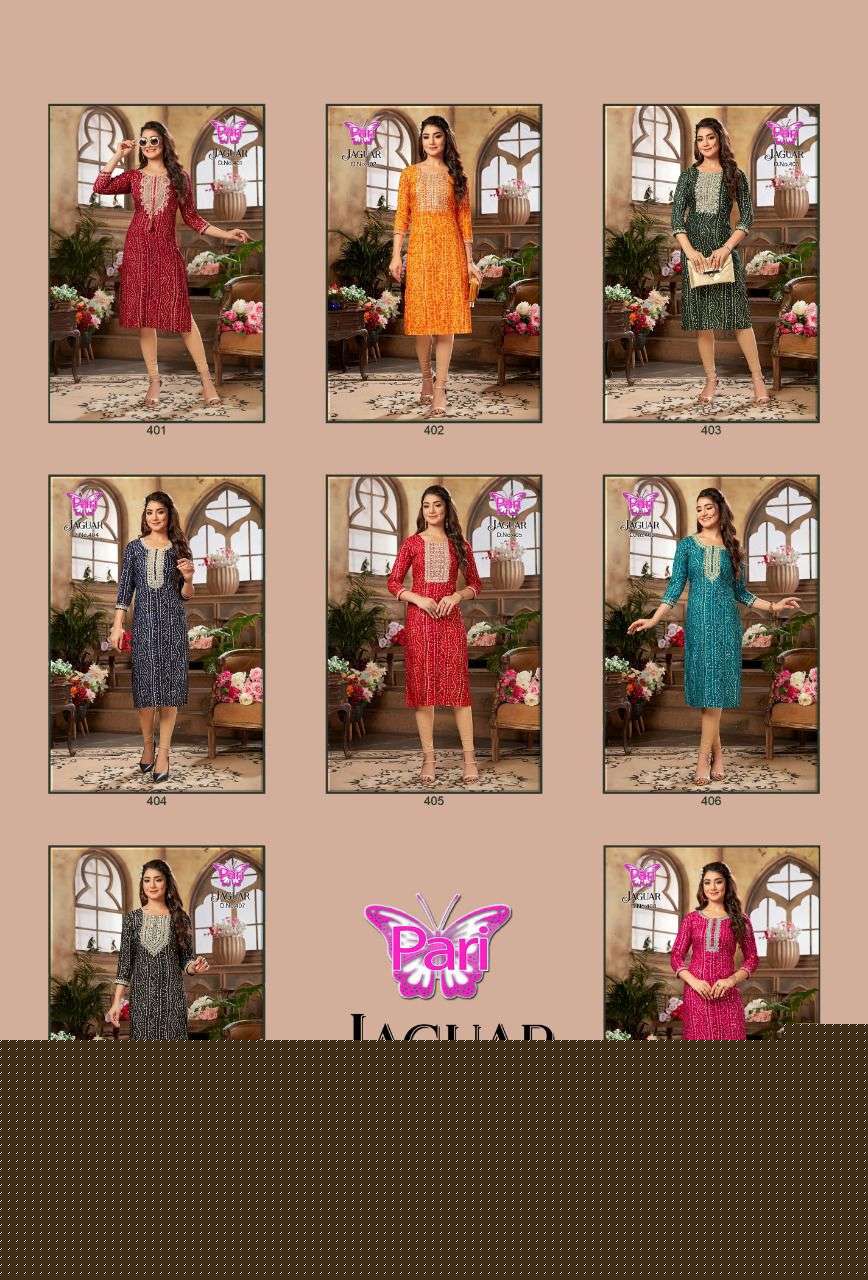 JAGUAR VOL-4 BY PARI 401 TO 408 SERIES BEAUTIFUL STYLISH FANCY COLORFUL CASUAL WEAR & ETHNIC WEAR RAYON FOIL KURTIS AT WHOLESALE PRICE
