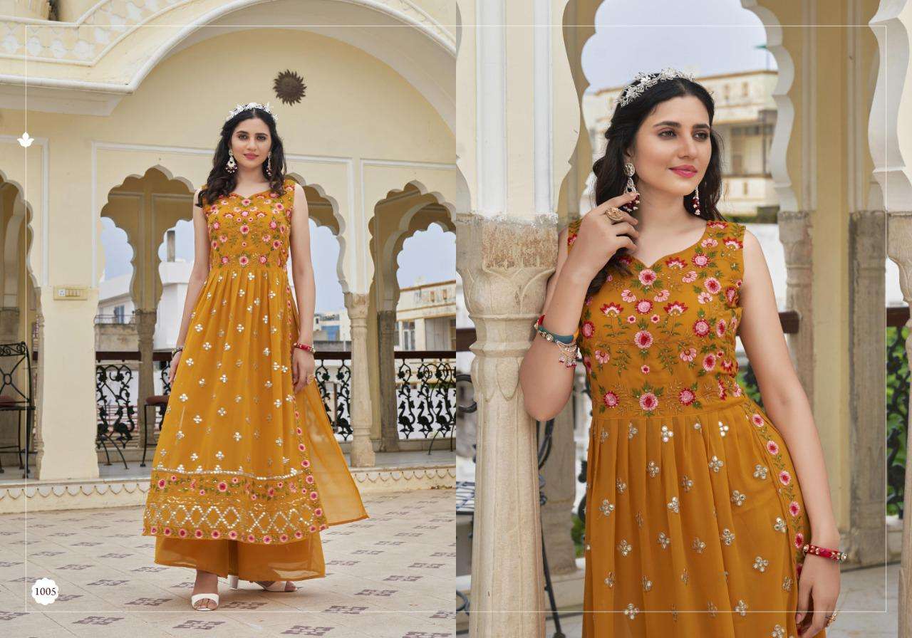 NAYRA VOL-1 BY ANKITA FASHION 1001 TO 1005 SERIES BEAUTIFUL STYLISH FANCY COLORFUL CASUAL WEAR & ETHNIC WEAR GEORGETTE EMBROIDERED KURTIS AT WHOLESALE PRICE