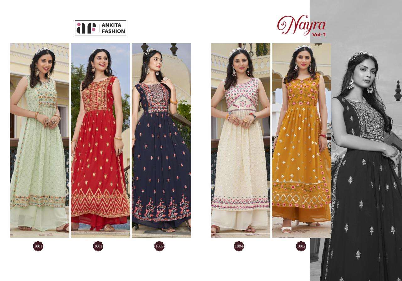 NAYRA VOL-1 BY ANKITA FASHION 1001 TO 1005 SERIES BEAUTIFUL STYLISH FANCY COLORFUL CASUAL WEAR & ETHNIC WEAR GEORGETTE EMBROIDERED KURTIS AT WHOLESALE PRICE