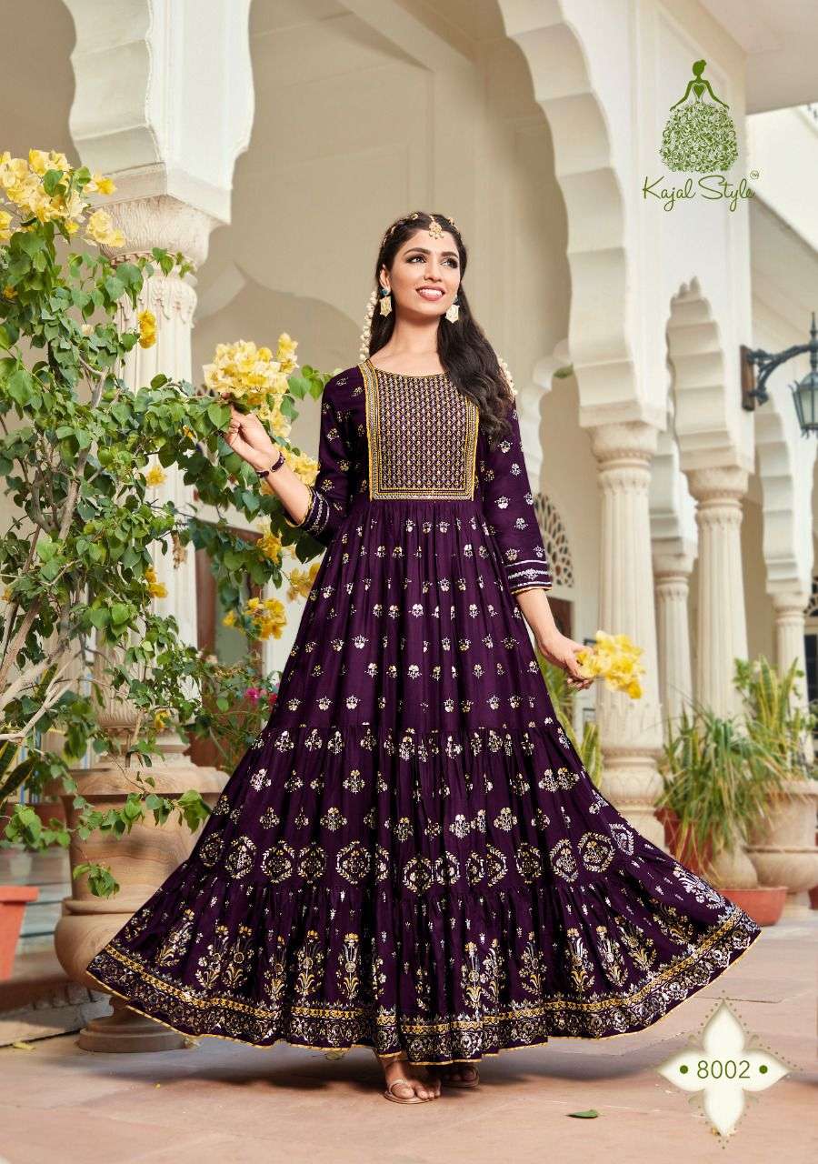 COLOURBAR VOL-8 BY KAJAL STYLE 8001 TO 8008 SERIES BEAUTIFUL STYLISH FANCY COLORFUL CASUAL WEAR & ETHNIC WEAR RAYON EMBROIDERED GOWNS AT WHOLESALE PRICE