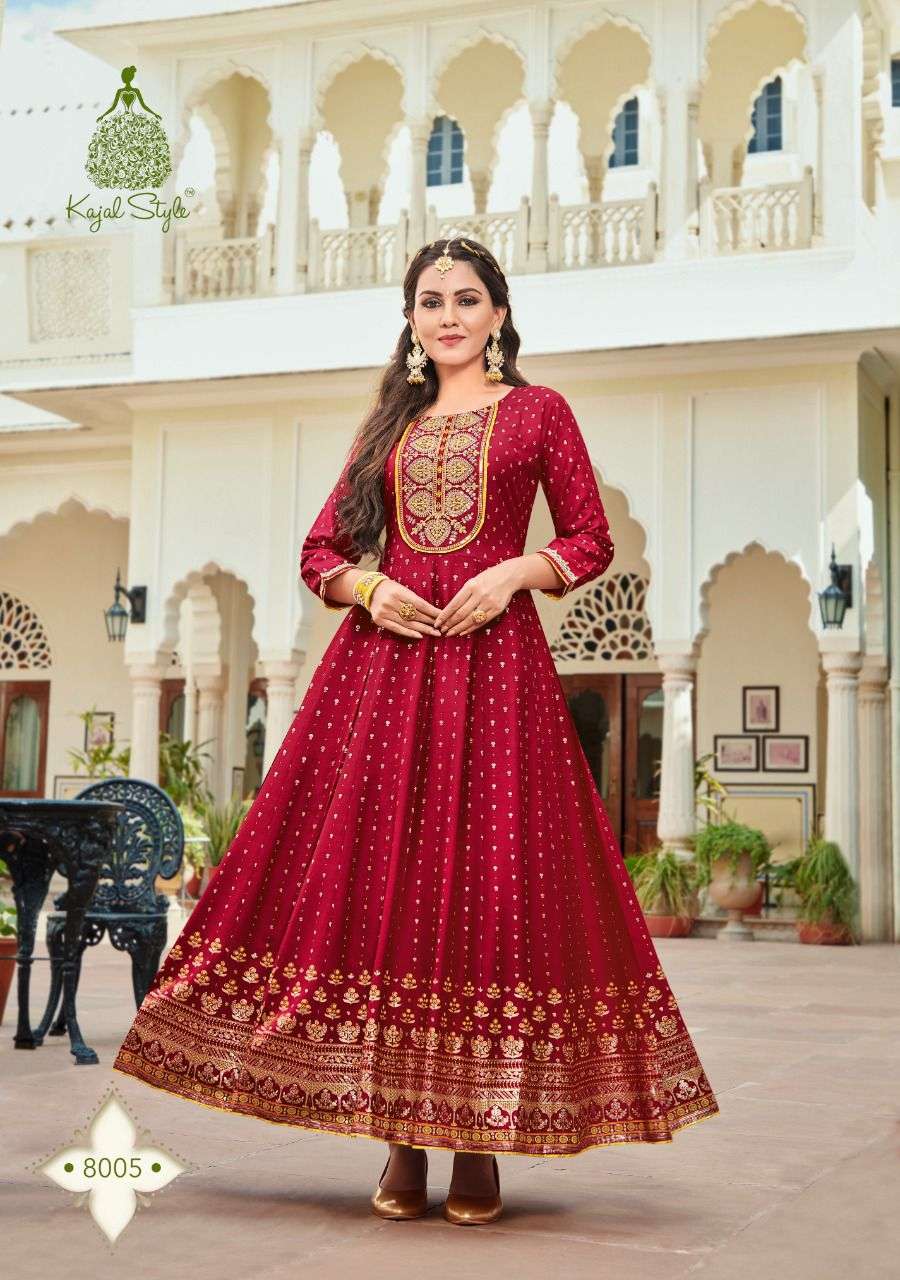 COLOURBAR VOL-8 BY KAJAL STYLE 8001 TO 8008 SERIES BEAUTIFUL STYLISH FANCY COLORFUL CASUAL WEAR & ETHNIC WEAR RAYON EMBROIDERED GOWNS AT WHOLESALE PRICE