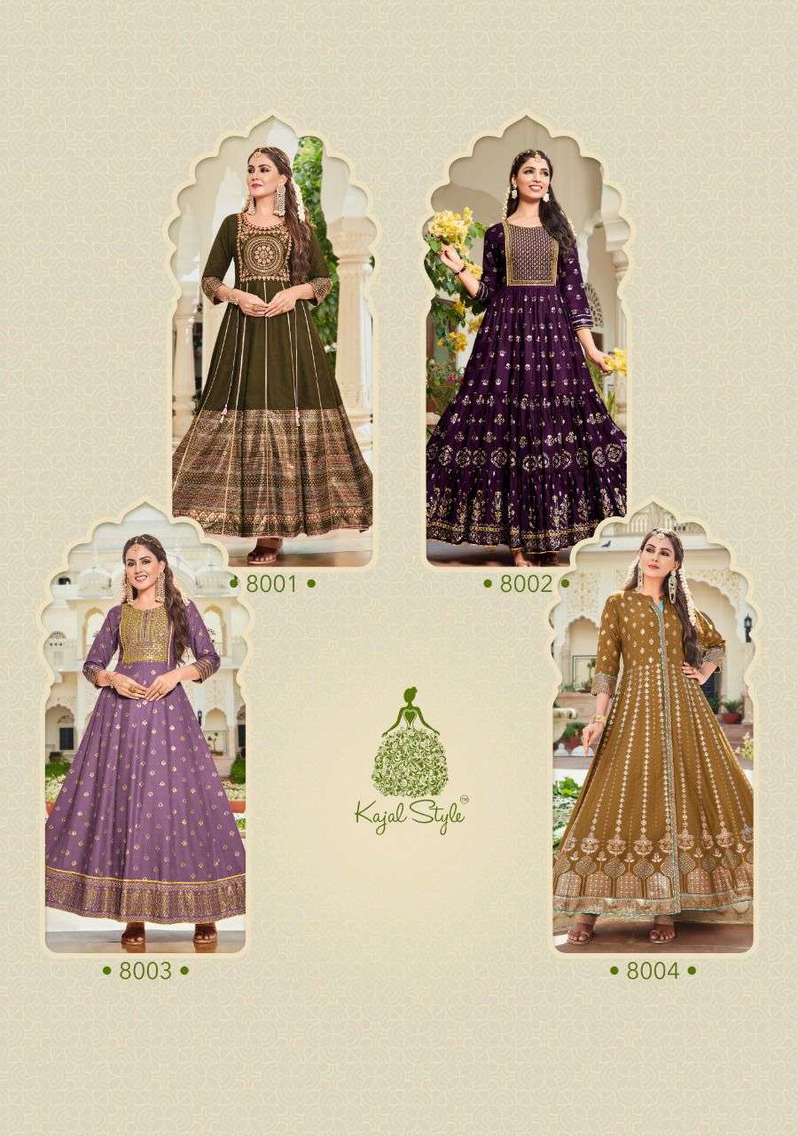COLOURBAR VOL-8 BY KAJAL STYLE 8001 TO 8008 SERIES BEAUTIFUL STYLISH FANCY COLORFUL CASUAL WEAR & ETHNIC WEAR RAYON EMBROIDERED GOWNS AT WHOLESALE PRICE
