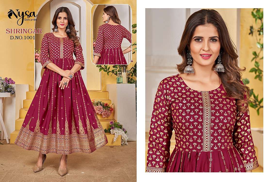 SHRINGAR BY NYSA 1001 TO 1007 SERIES DESIGNER STYLISH FANCY COLORFUL BEAUTIFUL PARTY WEAR & ETHNIC WEAR COLLECTION RAYON FOIL PRINT GOWNS AT WHOLESALE PRICE