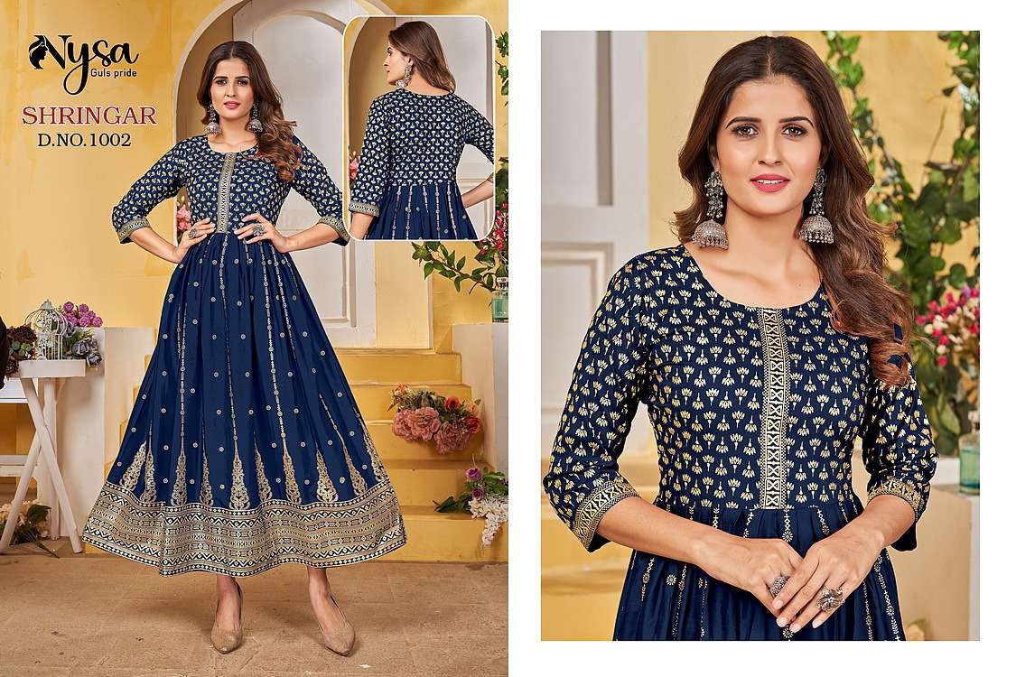 SHRINGAR BY NYSA 1001 TO 1007 SERIES DESIGNER STYLISH FANCY COLORFUL BEAUTIFUL PARTY WEAR & ETHNIC WEAR COLLECTION RAYON FOIL PRINT GOWNS AT WHOLESALE PRICE