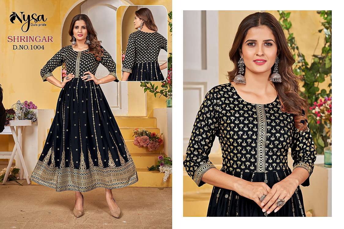 SHRINGAR BY NYSA 1001 TO 1007 SERIES DESIGNER STYLISH FANCY COLORFUL BEAUTIFUL PARTY WEAR & ETHNIC WEAR COLLECTION RAYON FOIL PRINT GOWNS AT WHOLESALE PRICE
