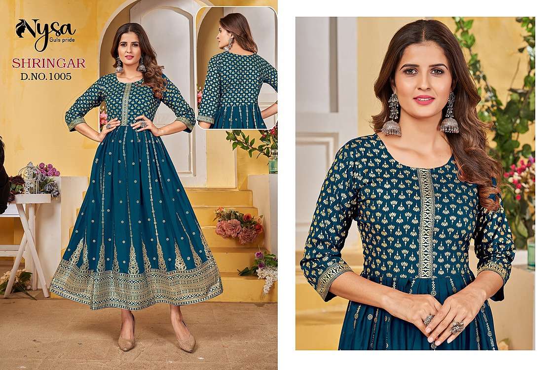 SHRINGAR BY NYSA 1001 TO 1007 SERIES DESIGNER STYLISH FANCY COLORFUL BEAUTIFUL PARTY WEAR & ETHNIC WEAR COLLECTION RAYON FOIL PRINT GOWNS AT WHOLESALE PRICE