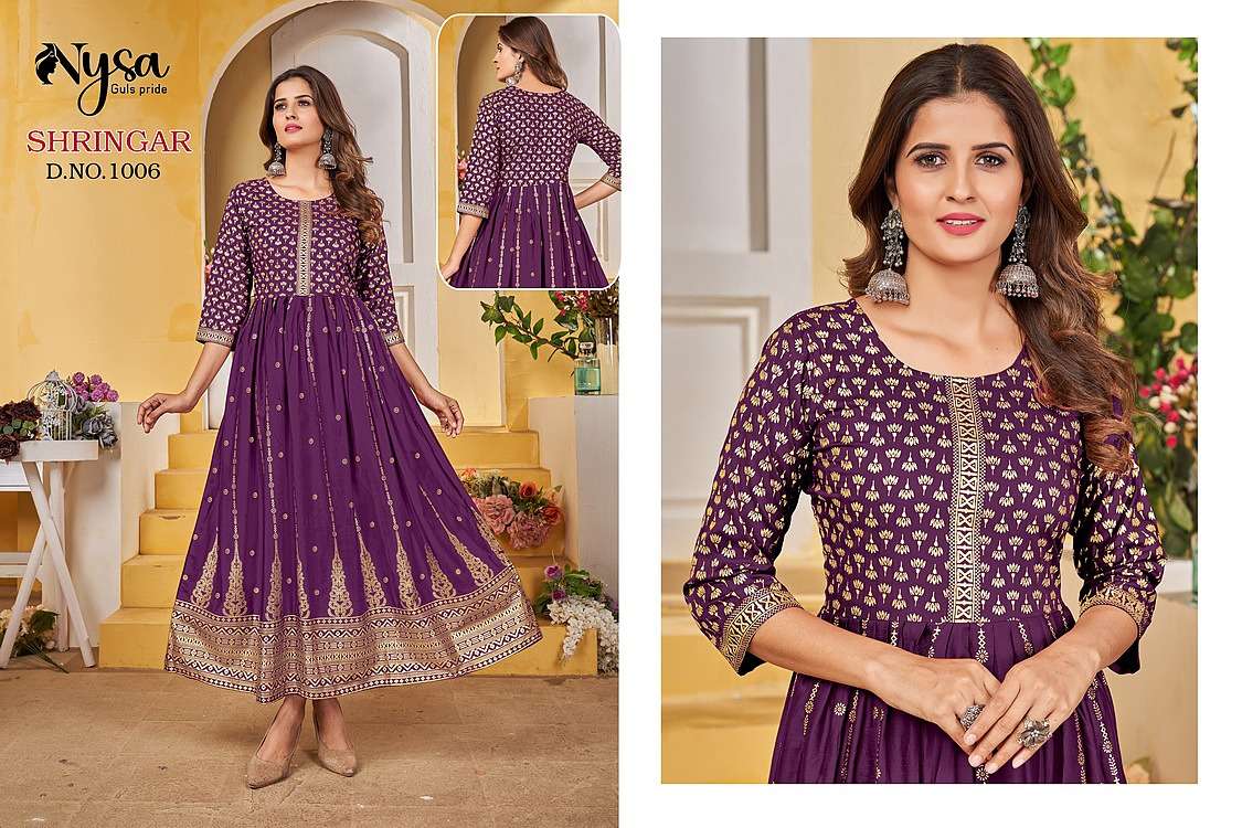 SHRINGAR BY NYSA 1001 TO 1007 SERIES DESIGNER STYLISH FANCY COLORFUL BEAUTIFUL PARTY WEAR & ETHNIC WEAR COLLECTION RAYON FOIL PRINT GOWNS AT WHOLESALE PRICE